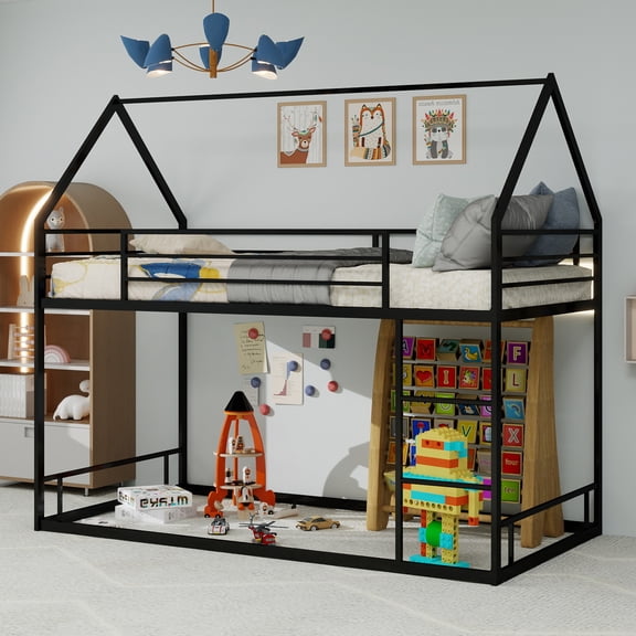 Harper & Bright Designs Twin Size House Bunk Bed with Ladder, Twin Over Twin Metal Bunk Bed Frame with Guardrail for Boys and Girls, Black