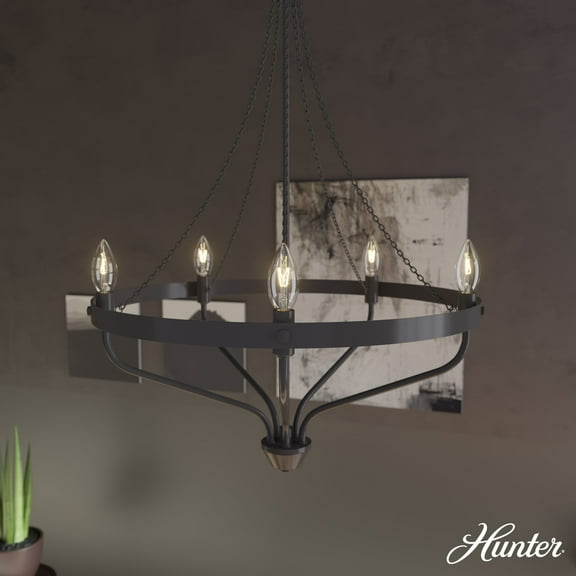 Hunter - Merlin 5-light Noble Bronze, Medium Size Chandelier, Dimmable, Industrial Style, Empire Shaped, for Bedrooms, Dining, Living Rooms - 19794