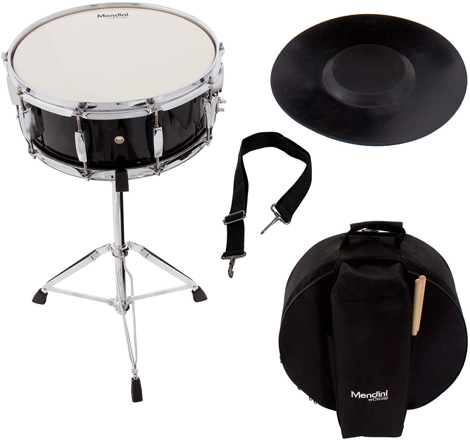 MSN-1455P-BK Mendini Student Snare Drum Set with Gig Bag Black Renewed Sticks Stand and Practice Pad Kit 