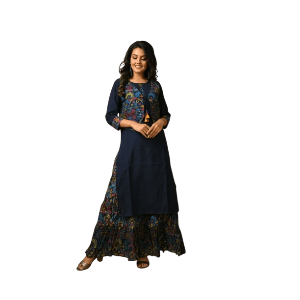 DWEEP SARA Women’s Blue Kutch Work Cotton Kurta Jacket Skirt Set Ajrak PrintA, M/38