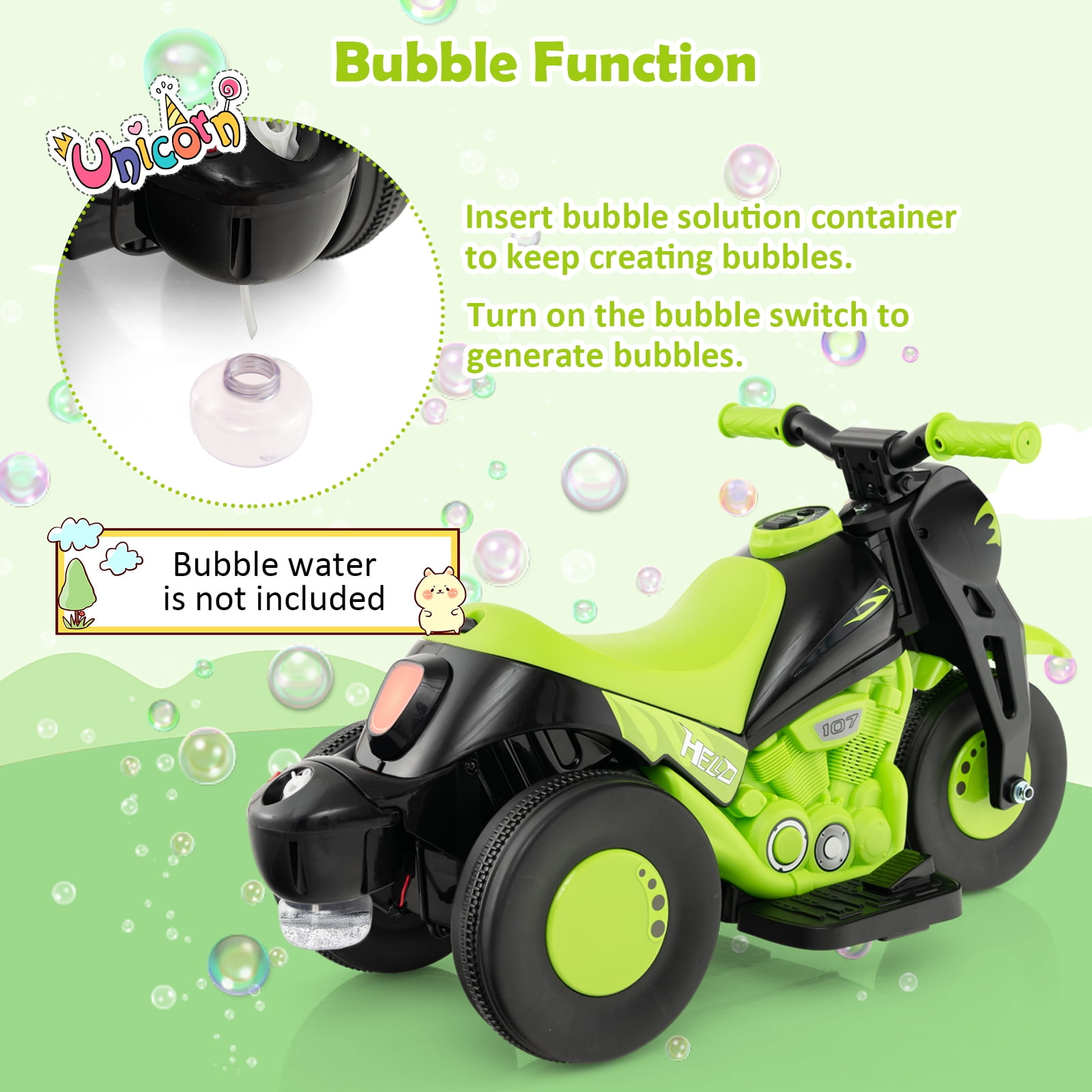 Costway 6V Kids Bubble Car Electric Ride on Motorcycle with Music Button & LED Headlight Green