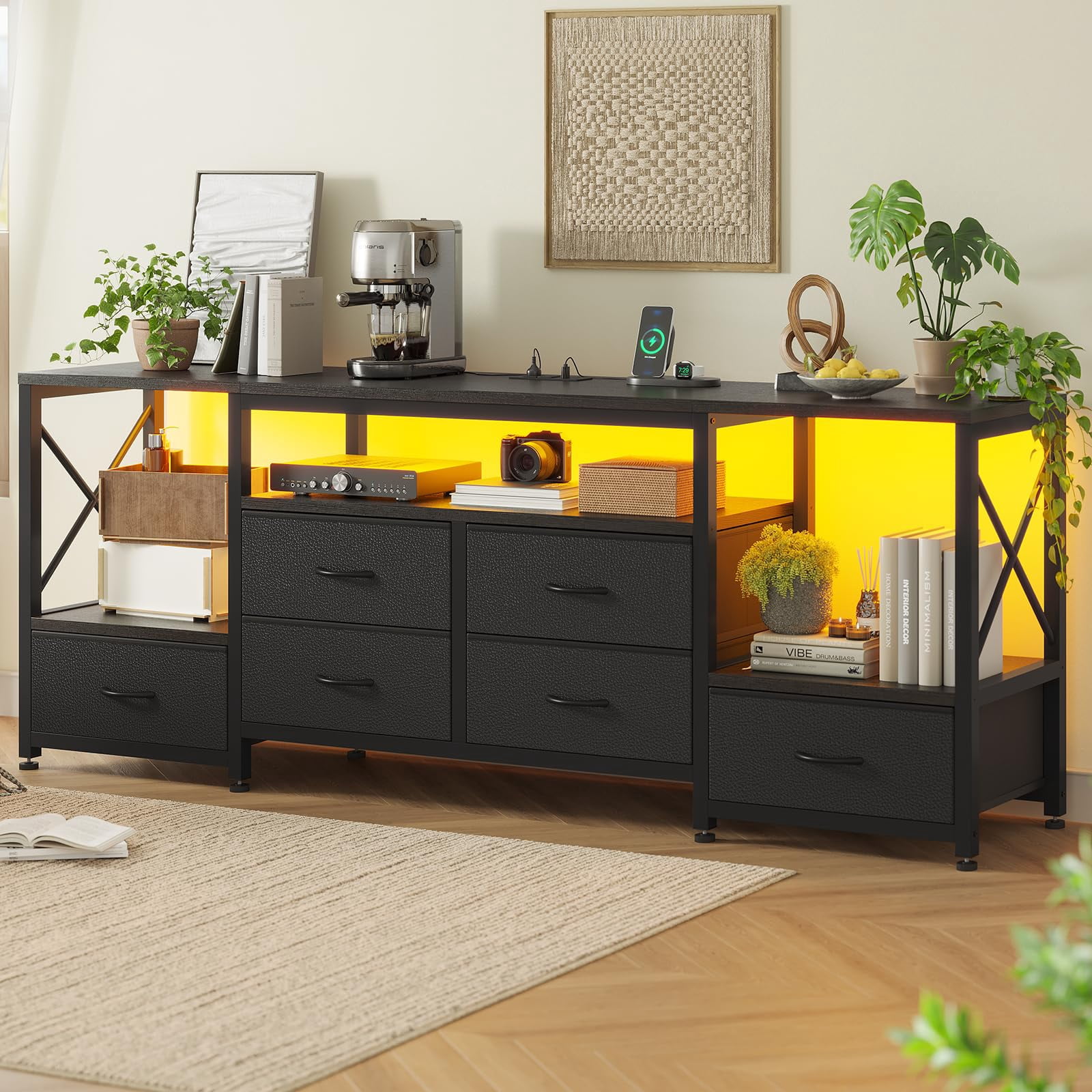 TV Stand with LED Light & Power Outlets, 6 PU Drawers & Open Shelves, , Entertainment Center for 75 Inch TV ,63" TV Console Table for Living Room, Bedroom, Black