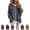Blue, variant on Womens Plaid Hooded Knit Sweater V Neck Drawstring Loose Long Sleeve Pullover Fall Casual Tops Soft Knit Hoodie Sweater for Daily Weekend Outfit