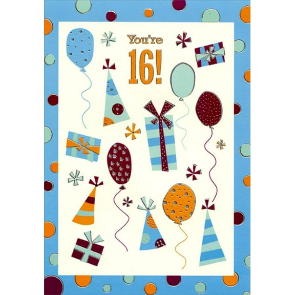 Designer Greetings Party Hats, Balloons and Presents with Blue Frame Age 16 / 16th Birthday Card for Him