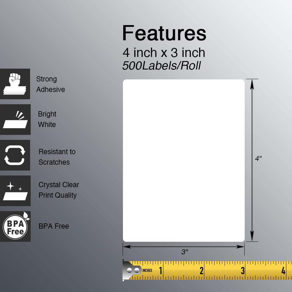 4" x 3" (102 mm x 76 mm) Shipping & Multipurpose Labels Compatible with Zebra & Rollo Label Printer,Premium Adhesive & Perforated [10 Rolls, 5000 Labels]