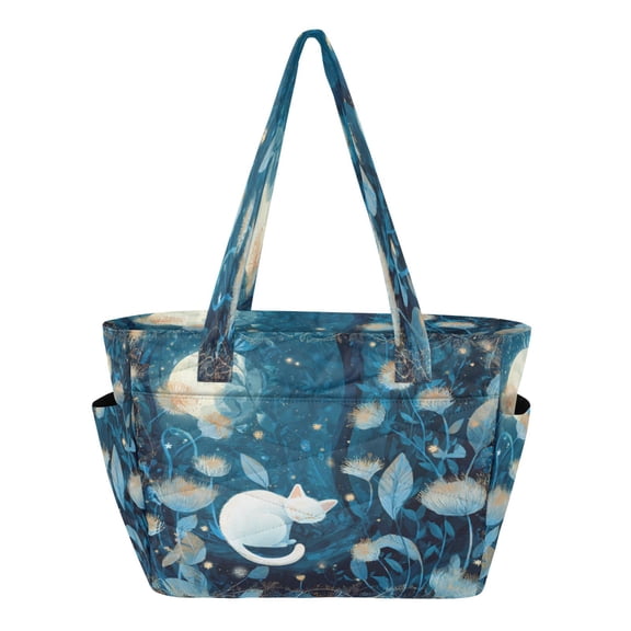 Quilted Tote Bag Large Capacity Multi-Compartment Handbag Lightweight Structured Shoulder Bag Versatile Casual Bag Whimsical White Cat