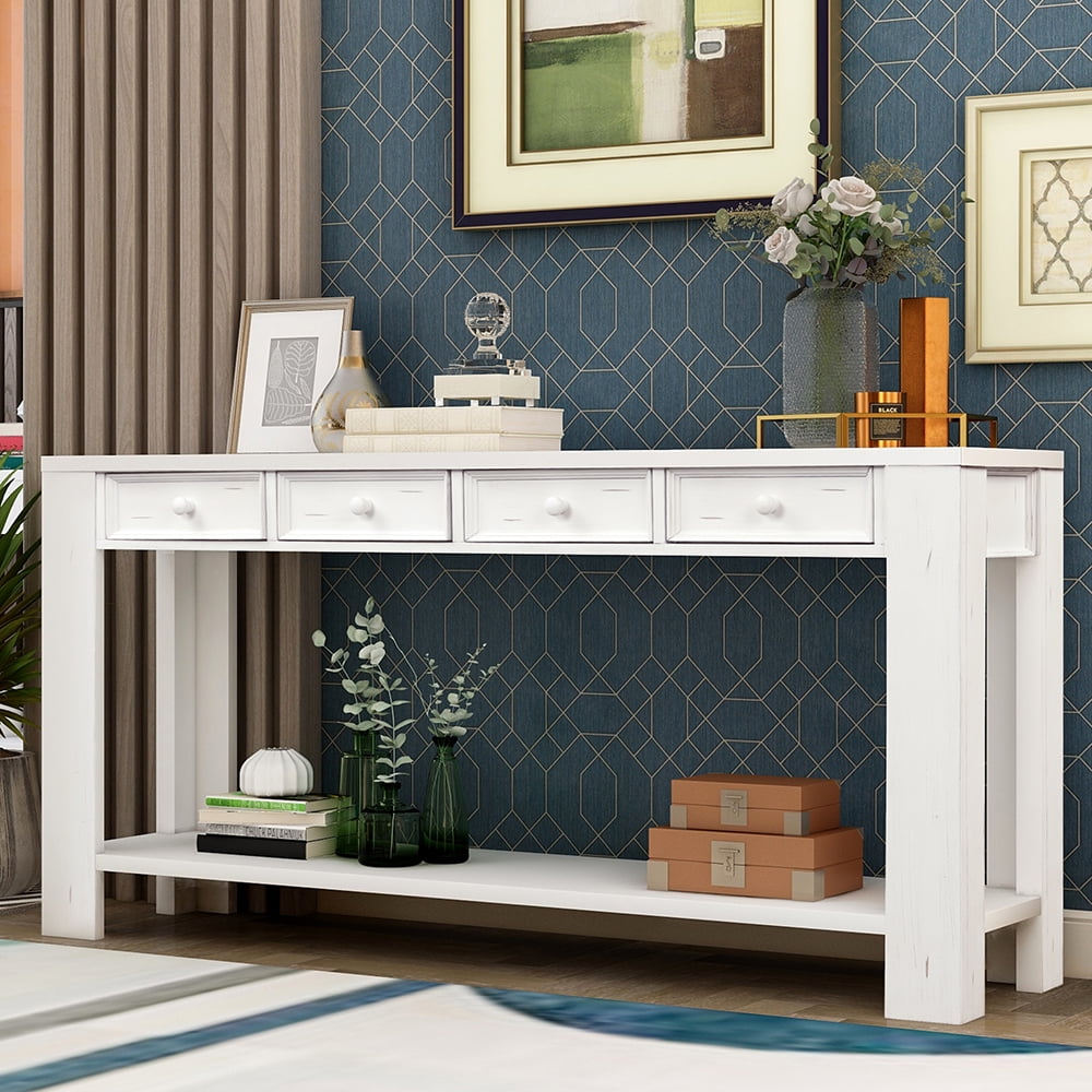 Kepooman Antique Console Table with Storage Drawers and Bottom Shelf, Sofa Table for Entryway Hallway, White Kepooman Antique Console Table with Storage Drawers and Bottom Shelf, Sofa Table for Entryway Hallway, White