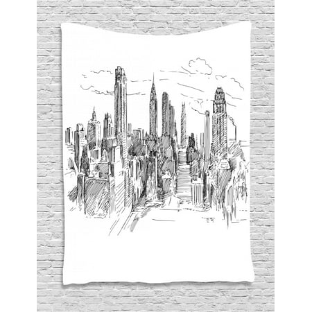New York Tapestry, Hand Drawn NYC Cityscape Tourism Travel Industrial Center Town Modern City Design, Wall Hanging for Bedroom Living Room Dorm Decor, Grey White, by