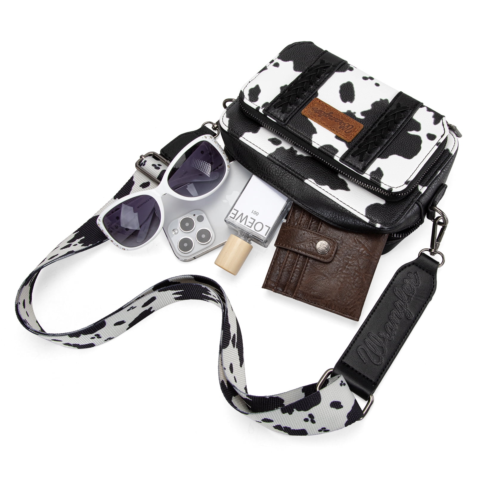 Wrangler Cow Print Crossbody Bag for Women Western Cowgirl Crossbody Purses with Guitar Strap, Black