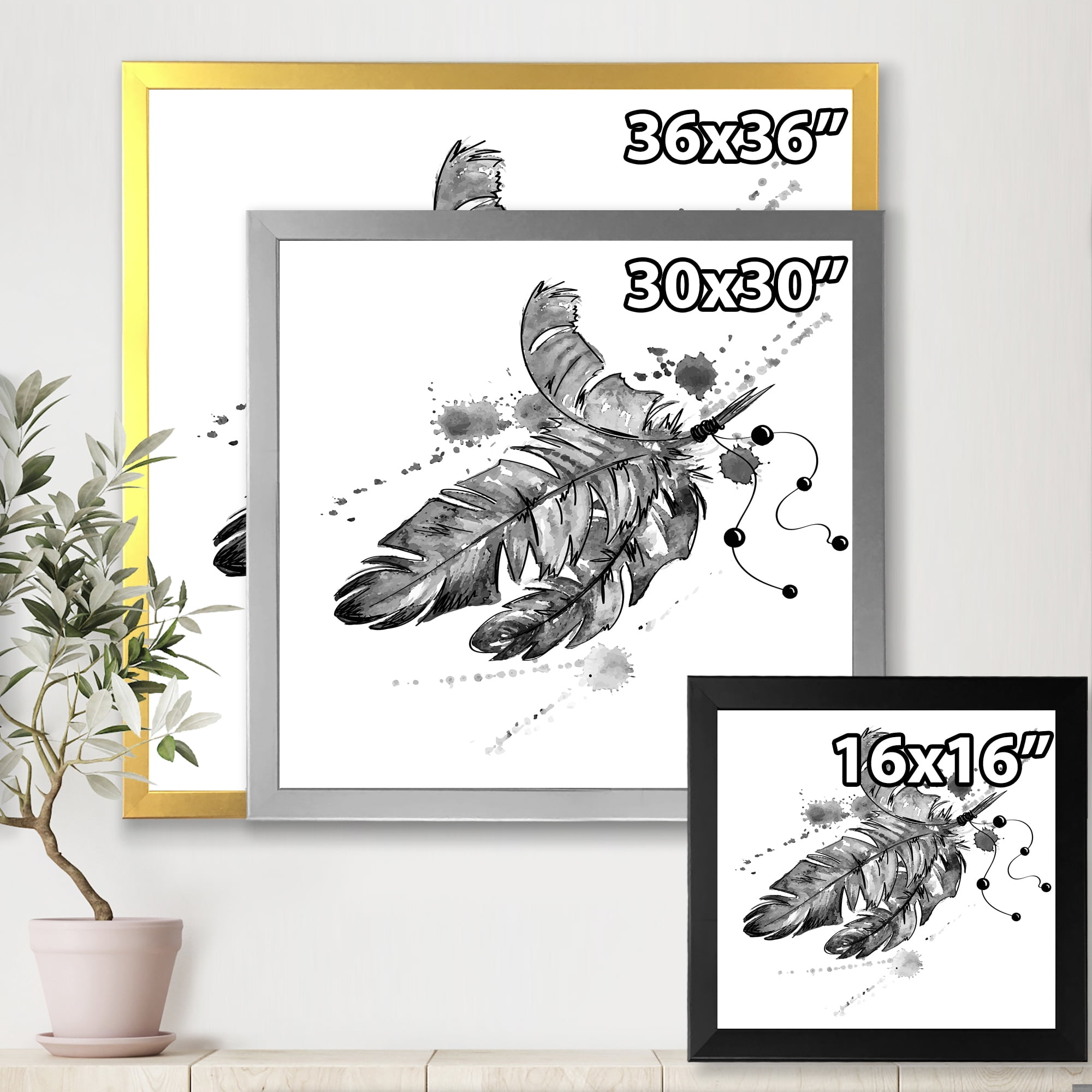 Designart 'Black and White Feathers Impression' Traditional Framed Art Print
