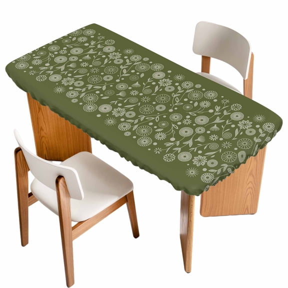 Japanese Table Cloths for 6 Foot Rectangle Tables, Green Rustic Retro Pastoral Floral Leaves Patio Waterproof Elastic Fitted Tablecloths, Washable Rectangular Table Cover for Camping