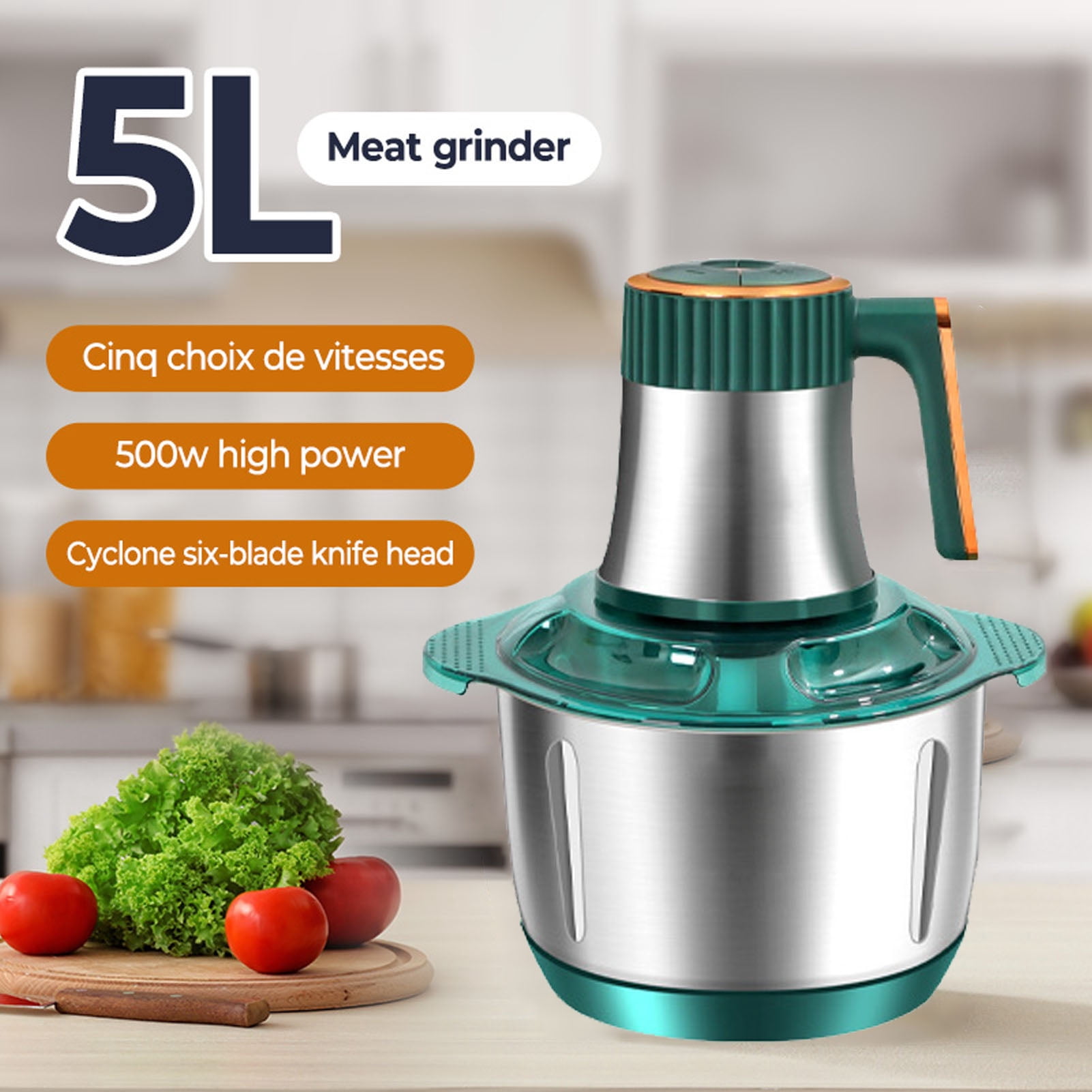 Yajisi 5L Electric Food Chopper, 500W Professional Stainless Steel Meat Grinder & Food Processor for Meat, Vegetables and Garlic, 170 fl oz / 5L Green