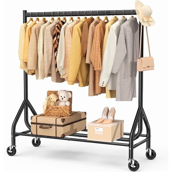 Heavy Duty Clothes Rack Load 420 LBS, Rolling Garment Rack with Lockable Wheels, Standing Metal Clothing Rack with Shelves, Portable Wardrobe Sturdy Coat Rack for Hanging Clothes (Black)