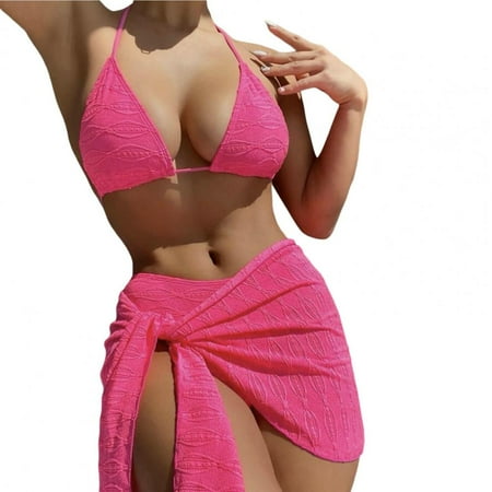 QIUYI 3Pcs/Set Swimsuit Women Printing Lace-up Bikini Cover Up Set Halter Bra Mid-rise Briefs Skirt Set Bathing Suit Beachwear