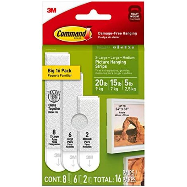 Command White Picture Hanging Strip Mixed Pack, 16 Pairs Including Command Strips Heavy Duty
