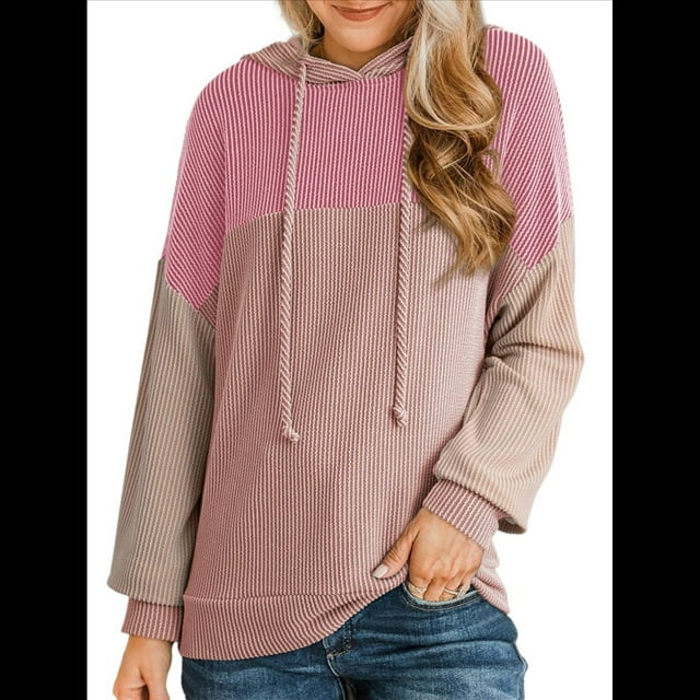 Sudadera con Capucha para Mujer, de Gran Tamaño, con Bloques de Color, Larga y Cordón Ajustable, Estilo Casual, Otoño 2025 Rosa S