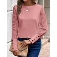 thumbnail image 6 of Women'S Solid Color Long Sleeve Embroidered Lace Stitching Waffle Round Neck Top Pink L, 6 of 8