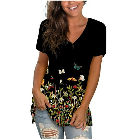 

Women Clothes Clearance Short Sleeve Bustier Girls Deep V Neck Daisy Floral Graphic Skims Dupe Slim Tunic Casual Tops Bustier Tees Womens