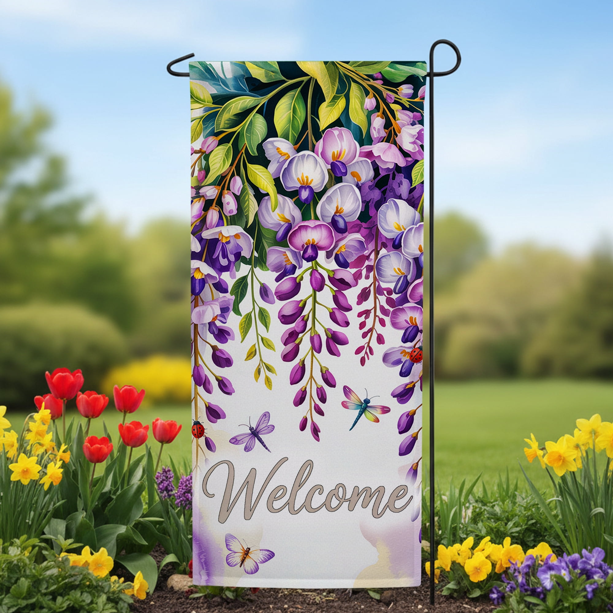 America Forever Welcome Spring Tulips Garden Banner Flag, 12.5 x 28 inch Double Sided, Potted Flower Decor, Colorful Tulip Garden Flag, Spring Outdoor Yard Decoration
