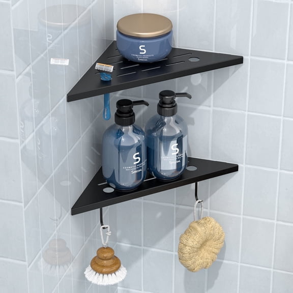 DAYONE Matte Black Corner Shower Shelf 2 Pack 10", Bathroom Corner Shower Organizer Shelf for Tiled Wall, SUS304 Stainless Steel Slot Design Recessed Corner Shelves with 2 Hooks and 4 Holes