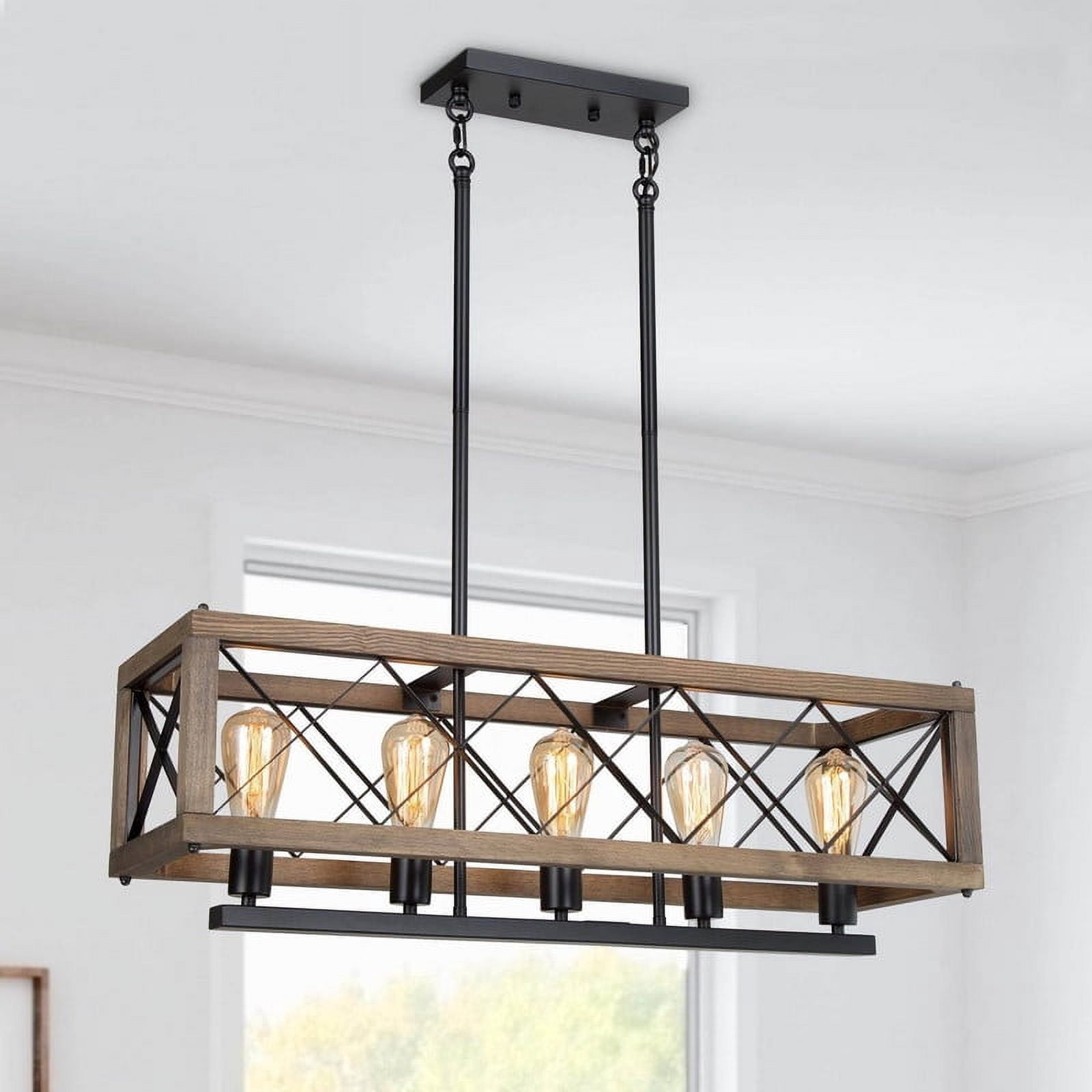 LNC 32-in Rustic Wood & Black Metal 5-Light Linear Chandelier for Kitchen Island & Dining