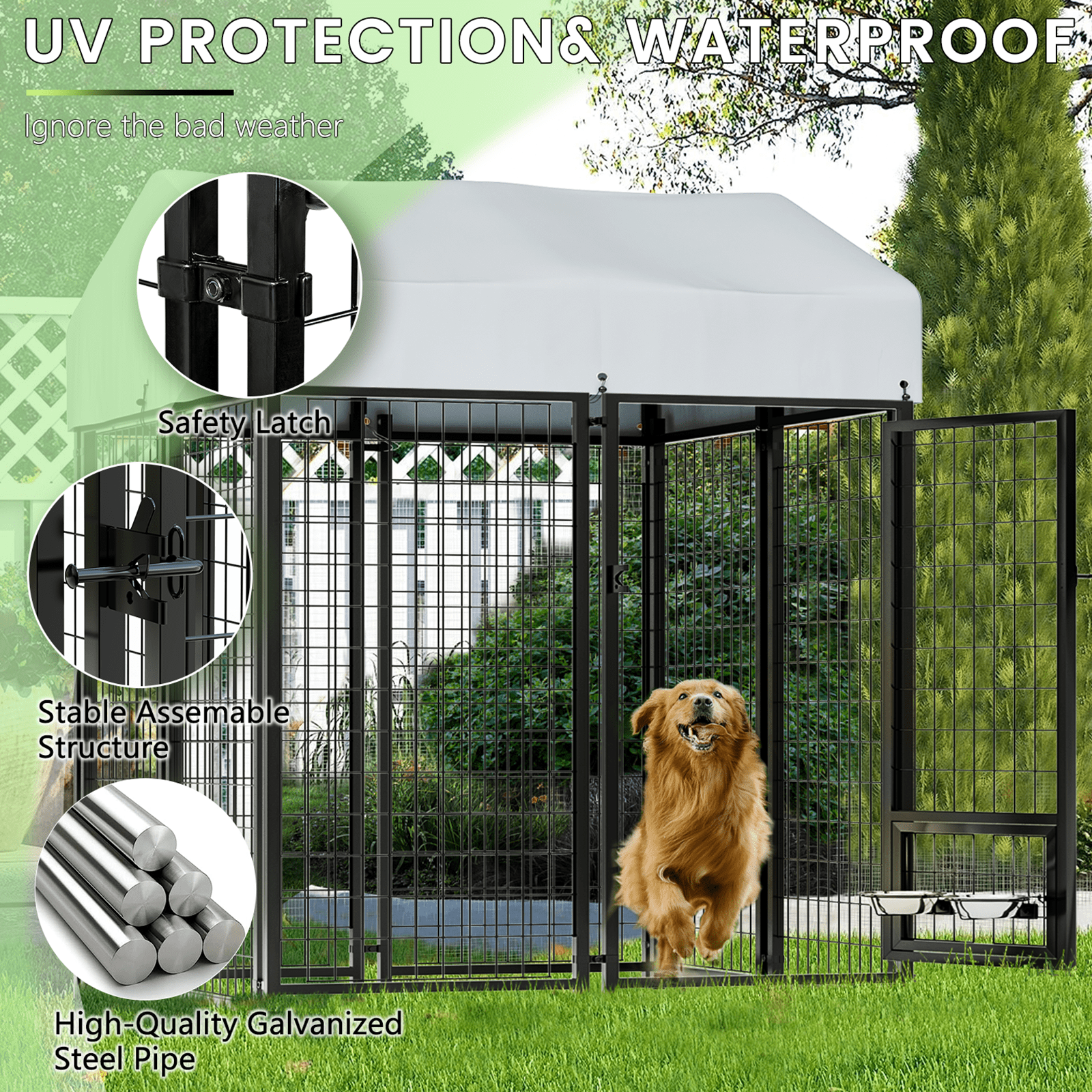 Waleaf 4x4x6 FT Outdoor Dog Kennel for Large Dogs,Large Dog Kennel Outdoor with Rotating Dog Bowl, Pet Dog Run Enclosures with Waterproof UV-Resistant Cover and Secure Lock