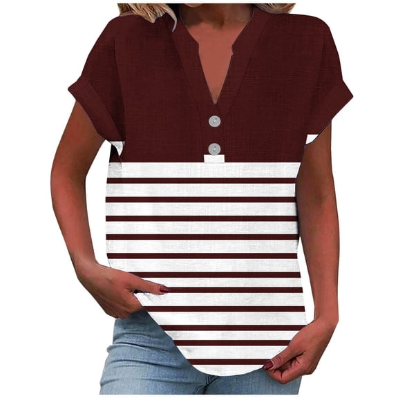 Summer Tops Sevevn Women Casual Printed Short Sleeve Button Home V-Neck T-Shirt Blouses
