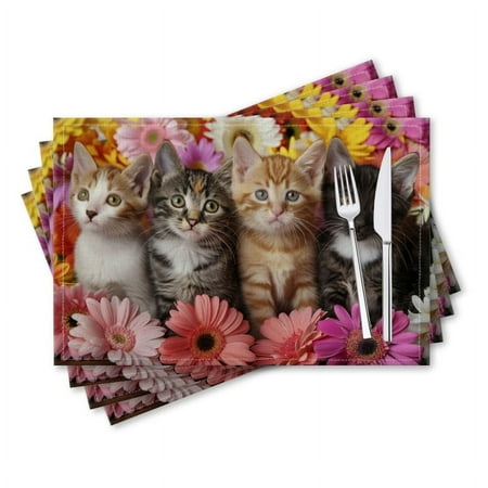 

BaHomeck placemats Set of 4 rectangle Linen Cotton Placemats for Dining Table Washable Heat Resistant 18*12inch Group Of Cute Kittens Sitting In Front Of Colorful Flowers