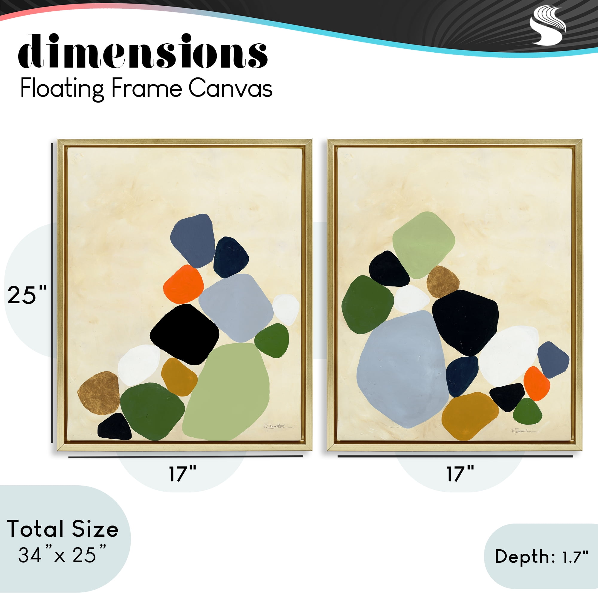 Stupell Industries Curved Clusters of Pebbles 2 Piece Gold Framed Floater Canvas Set, design by Ruth Fromstein