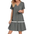 thumbnail image 3 of Womens Button Down Dress Loose Summer Cotton Linen Dress Ruffle Hem Casual Dress Short Sleeve Tunic Dress Gray XL(XL), 3 of 8