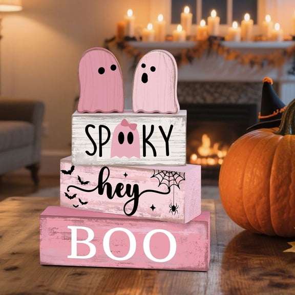 5 Pcs Pink Ghost Halloween Wooden Block Sign Decor, Spooky Hey Boo Tiered Tray Tabletop Centerpiece, Pastel Pink Halloween Farmhouse Home Decor for Mantel Shelf Party