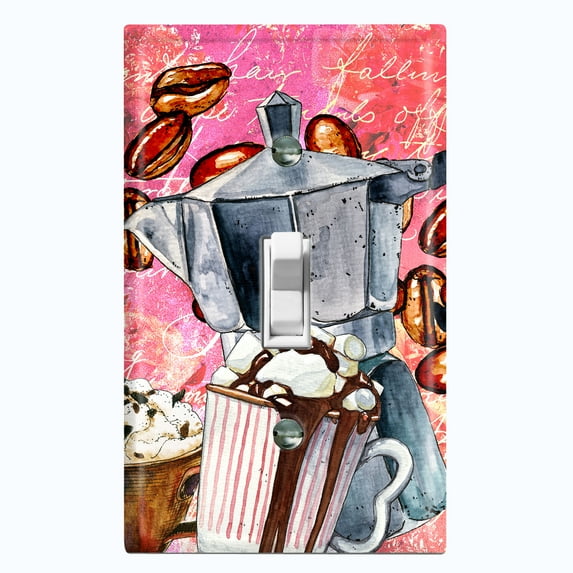 Metal Light Switch Wall Plate Outlet Cover (Coffee Espresso Mocha Bag Filter Maker Pink - Single Toggle)