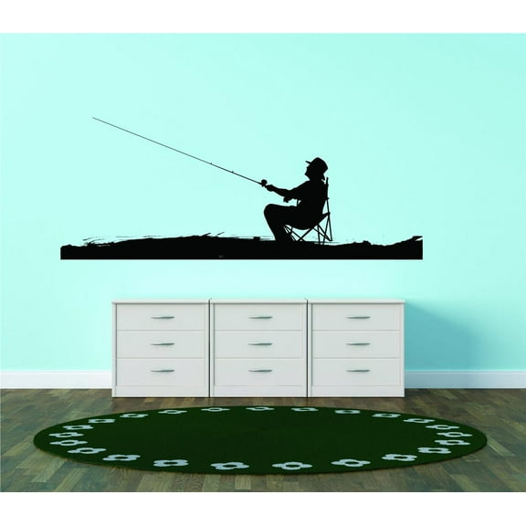 Fisherman - Silhouette - Picture Art - Peel & Stick Vinyl Wall Decal Sticker 20x40 Inches