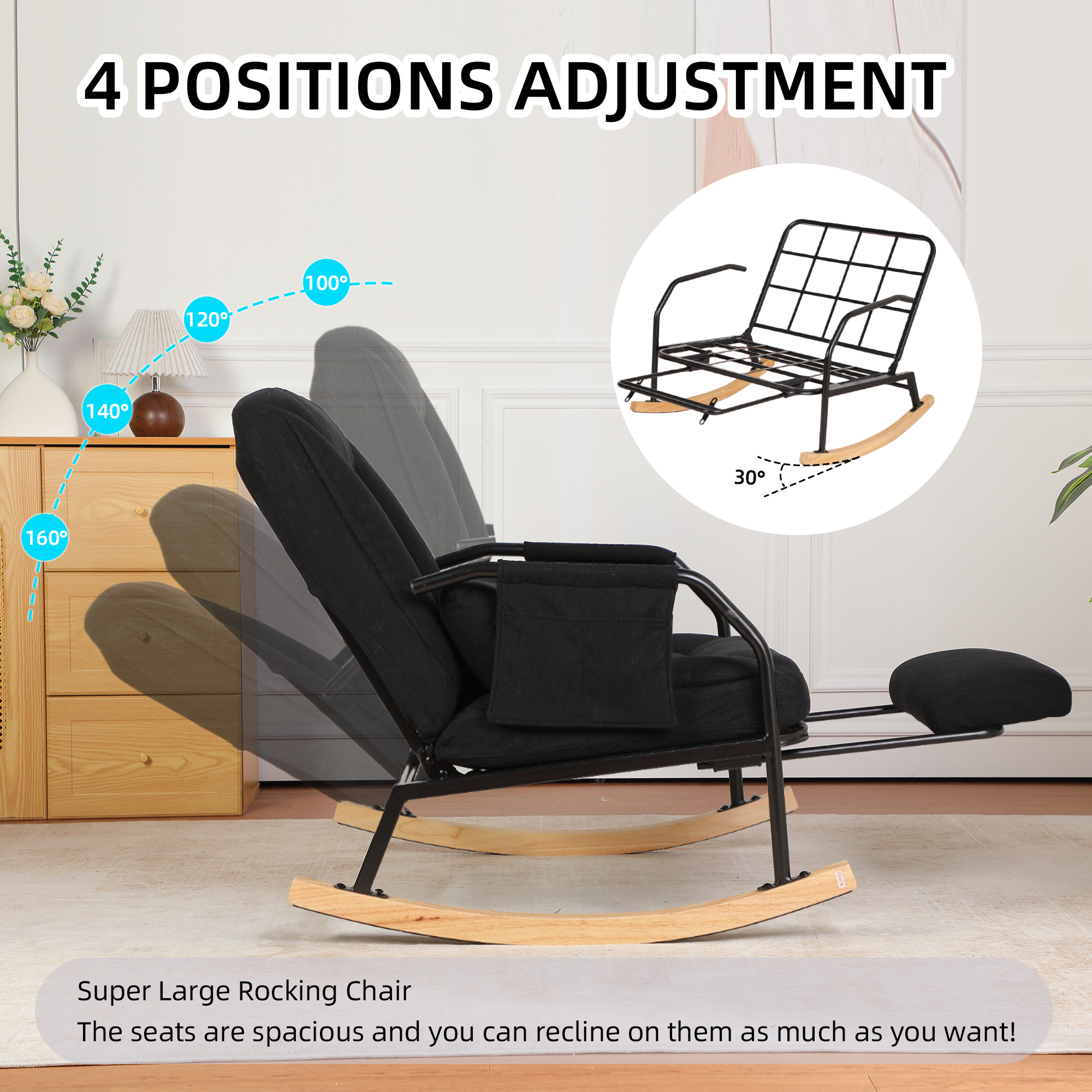 Hforesty Oversized Rocking Chair with Footrest ,Rocker Glider with Metal Farm,Wooden Bottom and Adjustable Backrest for Indoor Use: Balcony, Living Room or Bedroom.(corduroy)BLACK