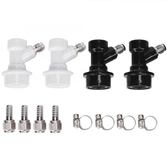Zootealy 4 pcs Ball Lock Threaded Barrel Accessories Beer Keg Disconnect Set with Swivel Nuts, featuring two white and two black plastic connectors with threaded metal fittings. Includes four adapters and four clamps, suitable for 5/16-inch gas lines and 3/16-inch or 1/4-inch liquid lines. Designed for easy installation, cleaning, and maintenance, ideal for kegerators and beer keg systems.