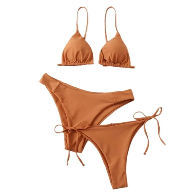 Trajes de baño para mujer, Trajes de baño para mujer, Traje de baño bikini de tirantes sin espalda de color liso para mujer, Conjunto de bikini con bloques de color y hombros descubiertos, Traje de ba