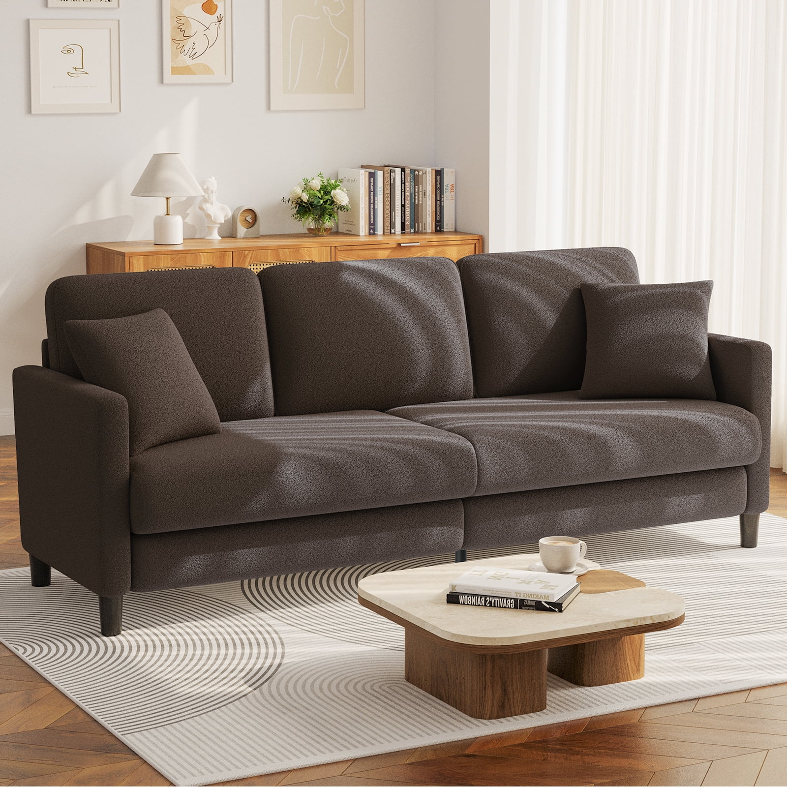 83" Sofa Couch for Living Room,Comfy Teddy Fleece Loveseat Sofa,Extra Deep Seat Couches ,Neche Tool-Free Setup Love Seat with 2 Pillows,Brown