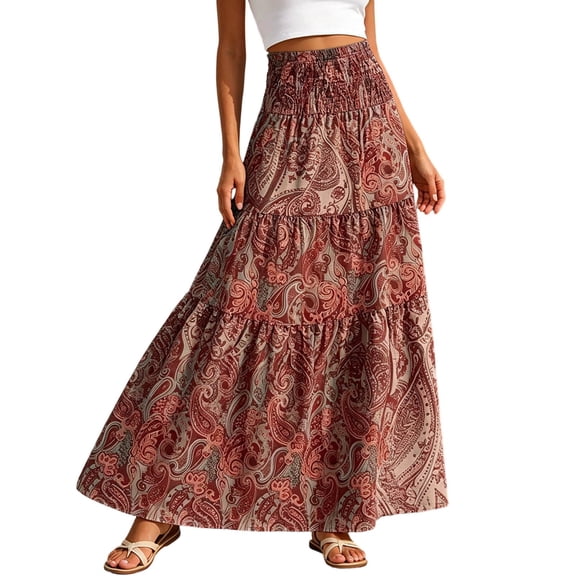 Wxolcjlv Women's Paisley Print Tiered Maxi Skirt Smocked Waist Bohemian Beach Long Skirts