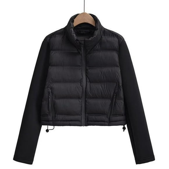 EQWLJWE Women's Long Sleeve Cropped Puffer Jacket Winter Zipper Quilted Baggy Warm Short Down Coat Outwear with Zip Pockets Womens Jackets and Coats Clearance