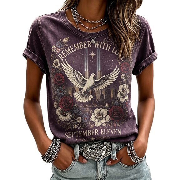 AHMOMEI 9-11 Memorial Shirt Women Vintage 9/11 25th Anniversary T Shirts American Flag Courage Hope Patriotic Never Forget 9/11 Shirt Purple XXL