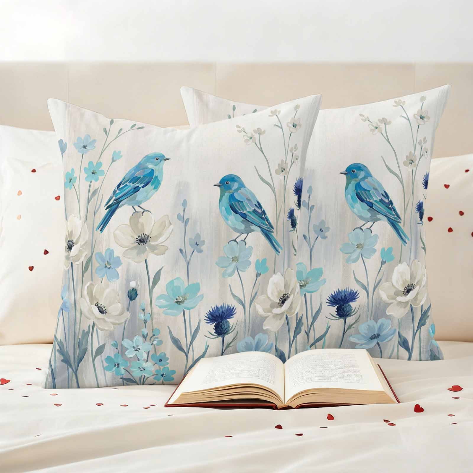 Spring Flowers Pillow Covers 2 Pack Watercolor Blue Bird Floral White Country Style Pillowcase Waterproof Outdoor Throw Pillow Cover for Patio Garden Square Cushion 18”x18”