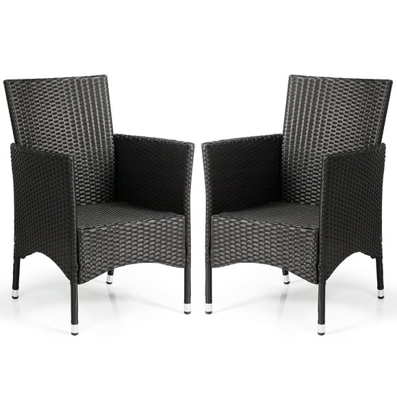 Patiojoy 2PC Patio Rattan Wicker Dining Chairs Set With Cushions Black