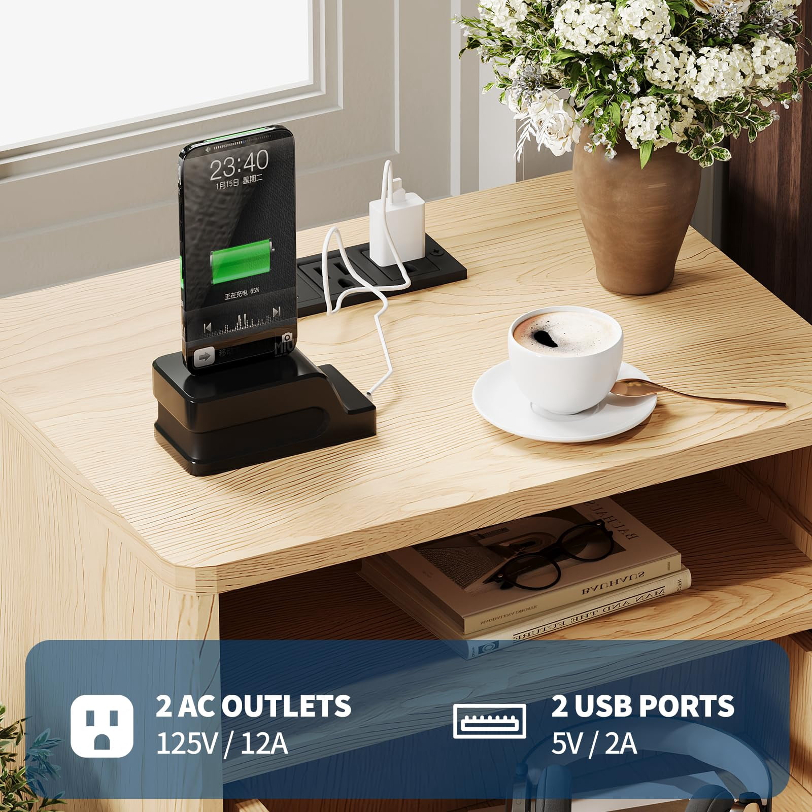 KOKEBREN Modern Nightstand with USB Charging Station - Wood Fluted Bedside Table with 2 Drawers & Open Shelf,Oak