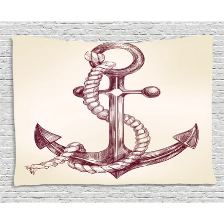 Anchor Tapestry, Realistic Hand Drawn Sketch Marine Vintage Design Sails Yacht Boat Cruise, Wall Hanging for Bedroom Living Room Dorm Decor, 60W X 40L Inches, Dark Mauve Cream, by