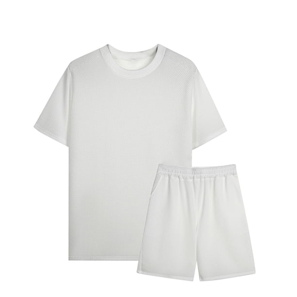 Camisas Casuales de Manga Corta de los Hombres Cuello Redondo Y Pantalones Cortos, Color Sólido de la Playa de Dos Piezas para las Vacaciones Y Diario