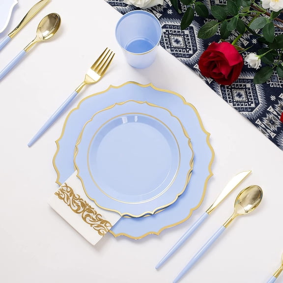 175PCS Baby Blue and Gold Disposable Dinnerware Set – Serves 25 Guests