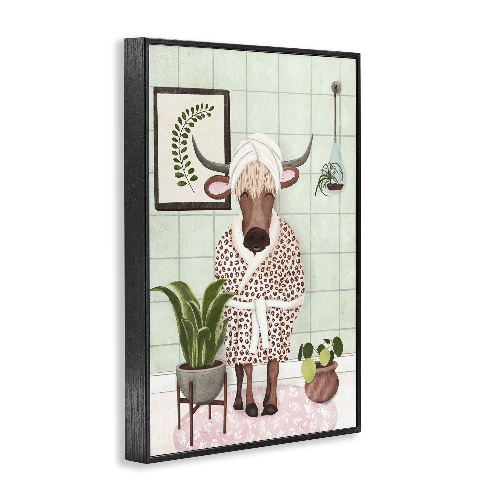 Stupell Industries Cow in Bathrobe Typography Painting Black Framed Art Print Wall Art, 16 x 24