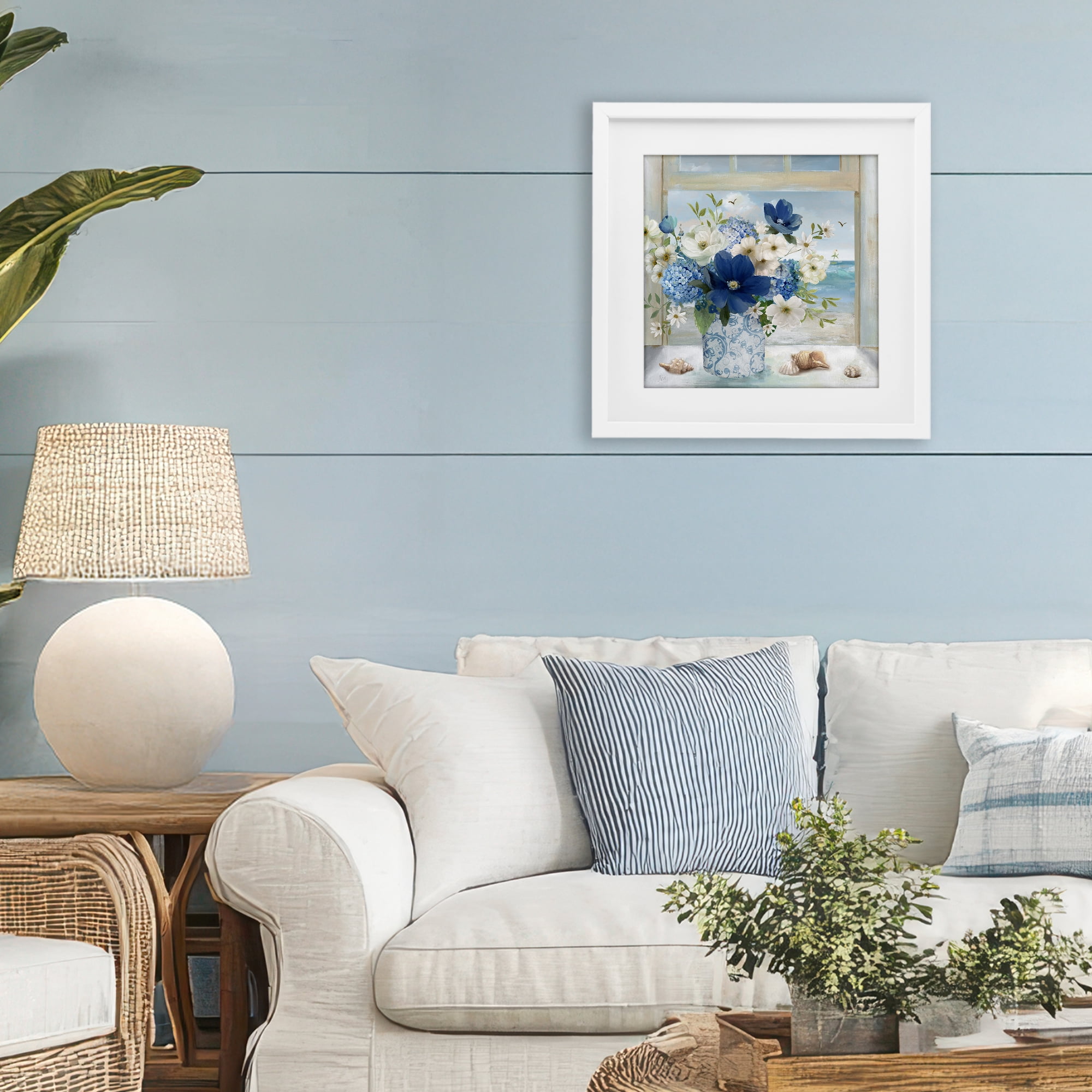 Stupell Industries Seaside Blue & White Arrangement White Framed Print Under Glass, design by Nan