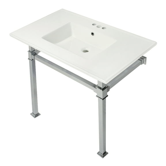 Kingston Brass KVPB37224Q1 Monarch 37" Ceramic Console Sink with Stainless Steel Legs (4-Inch, 3-Hole), White/Polished Chrome