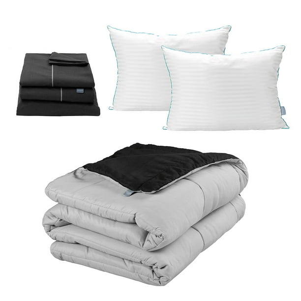 Edredón Dos vistas King Size Rogga Negro - Gris Perla + Sábanas Royal + Almohada Royal Twin